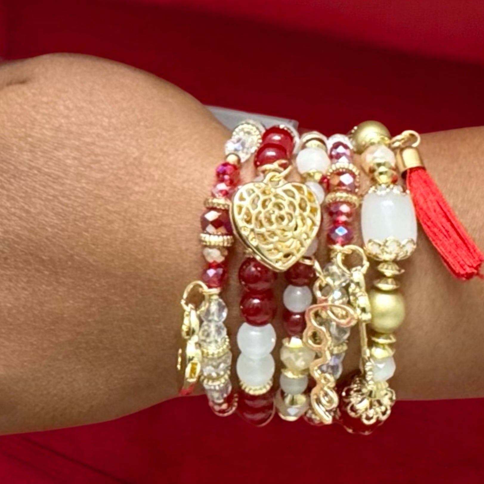 Red and White Glass 5 pcs Charm Bracelet Stack - Reed House of Jewels