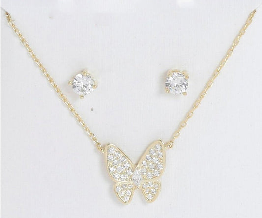 Gold Tone and Crystal Small Butterfly Necklace/Earring Set - Reed House of Jewels