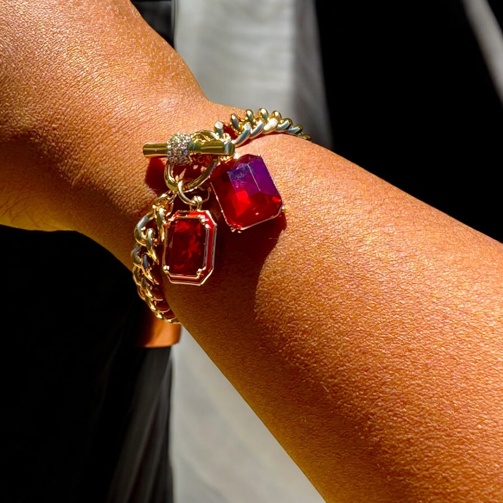 Red Double Stone Charm Toggle Bracelet and Stud Earring Set - Reed House of Jewels