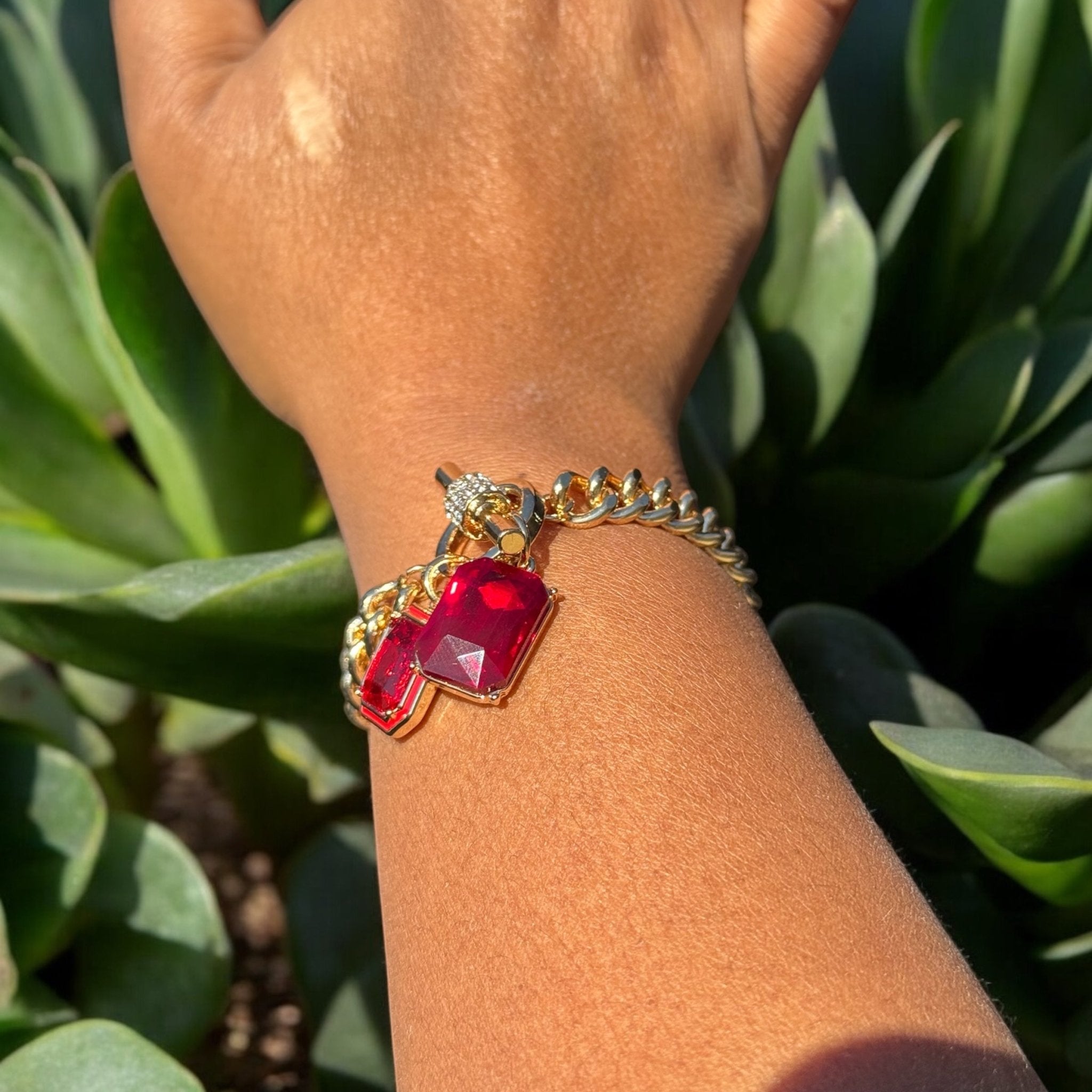 Red Double Stone Charm Toggle Bracelet and Stud Earring Set - Reed House of Jewels