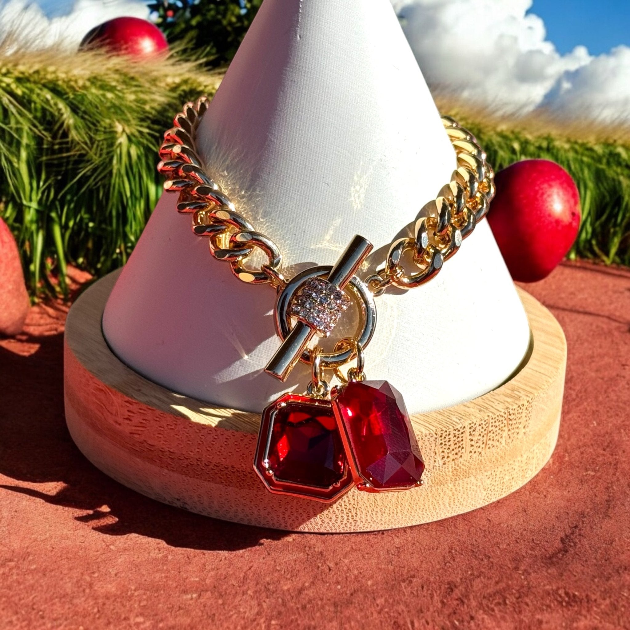 Red Double Stone Charm Toggle Bracelet and Stud Earring Set - Reed House of Jewels