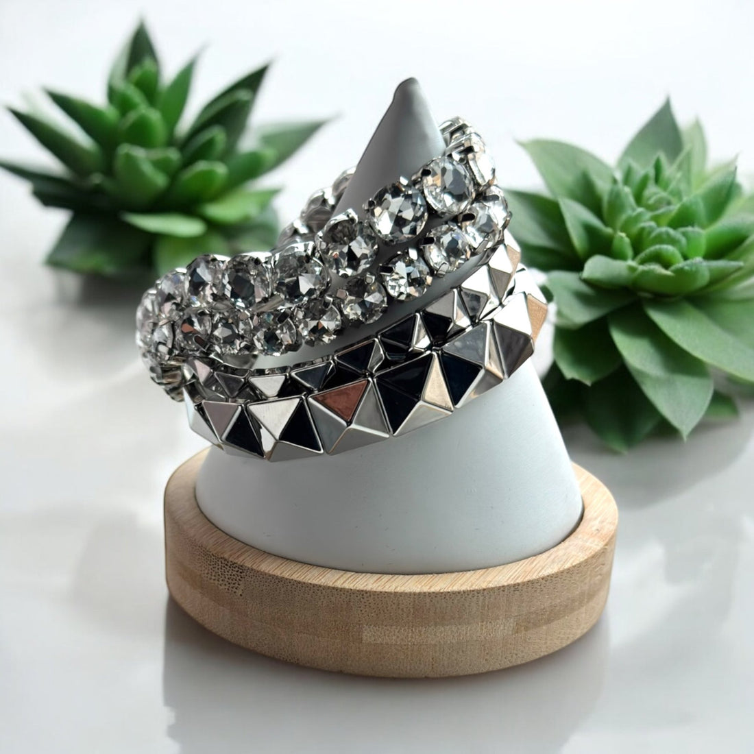 4 - Pc. Set Crystal & Pyramid Studded Stretch Bracelet Stack - Reed House of Jewels