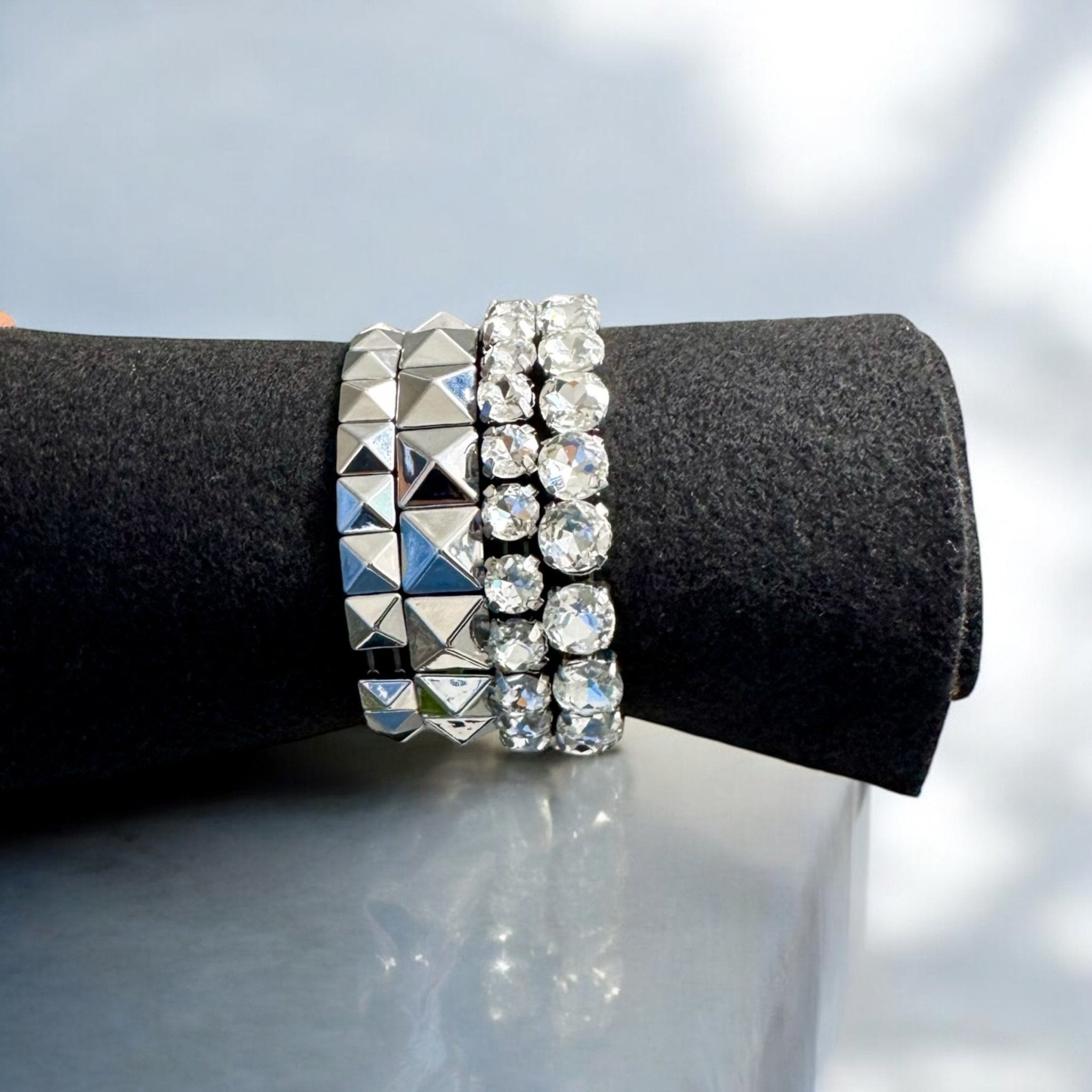 4 - Pc. Set Crystal & Pyramid Studded Stretch Bracelet Stack - Reed House of Jewels