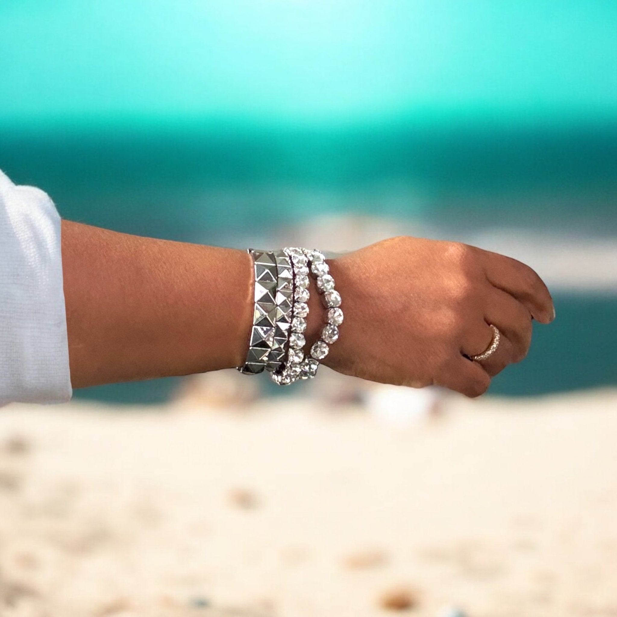 4 - Pc. Set Crystal & Pyramid Studded Stretch Bracelet Stack - Reed House of Jewels