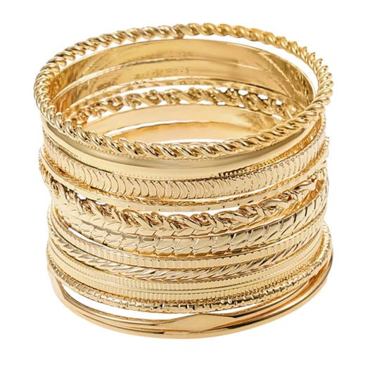 Gold Tone Textured Metal Bangle Stack - Reed House of Jewels