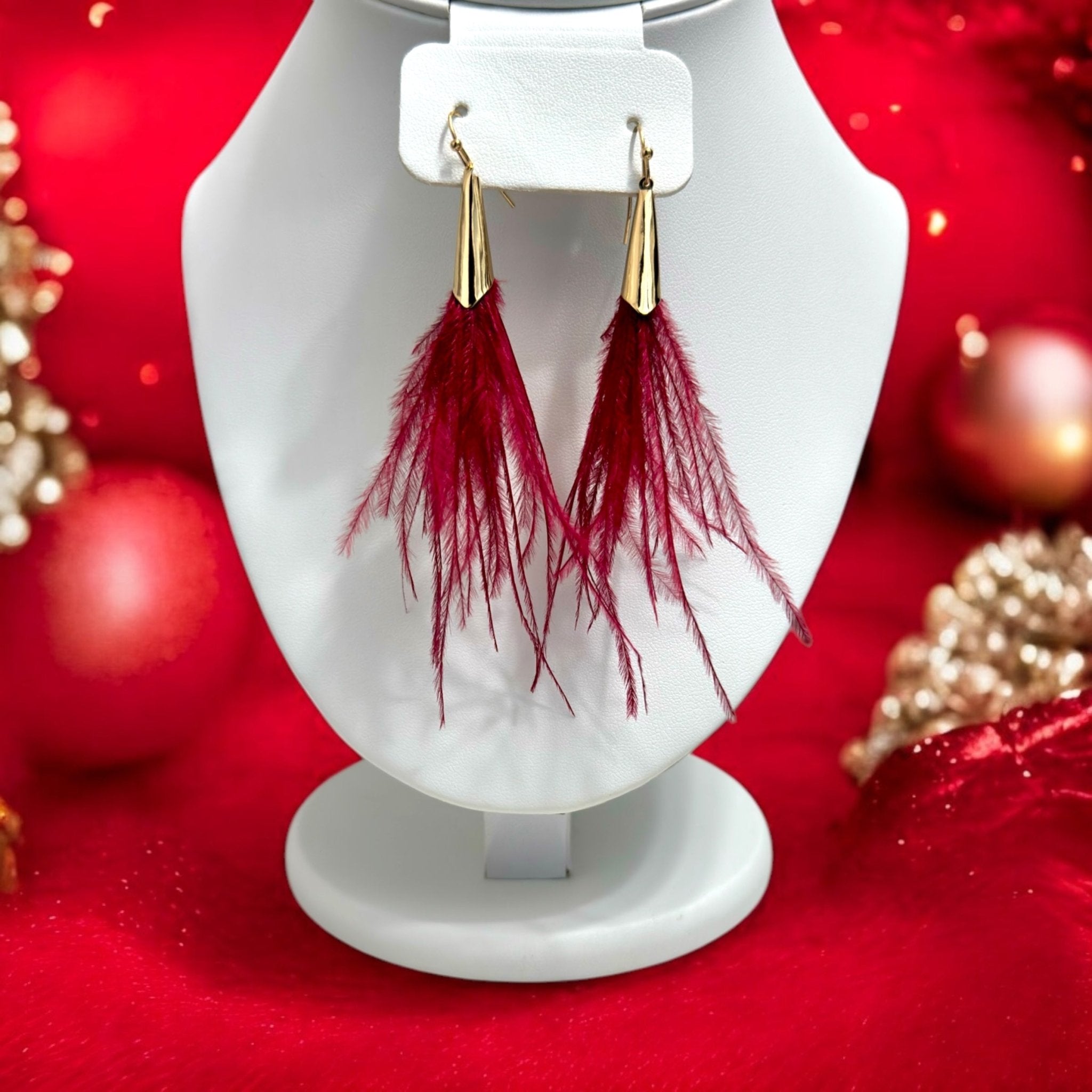 Red Feather and Gold Earrings - Reed House of Jewels