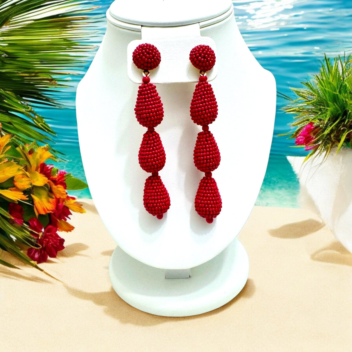 Red Beaded Ball Drop Earrings - Reed House of Jewels