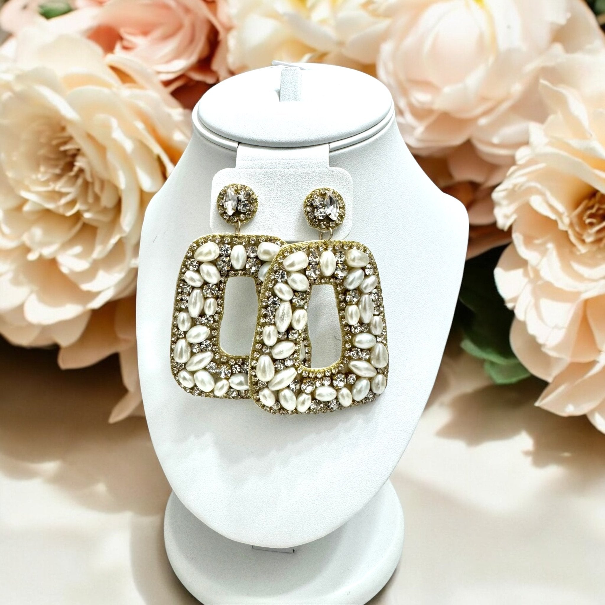 Pearl and Stone Rectangle Drop Earrings - Reed House of Jewels