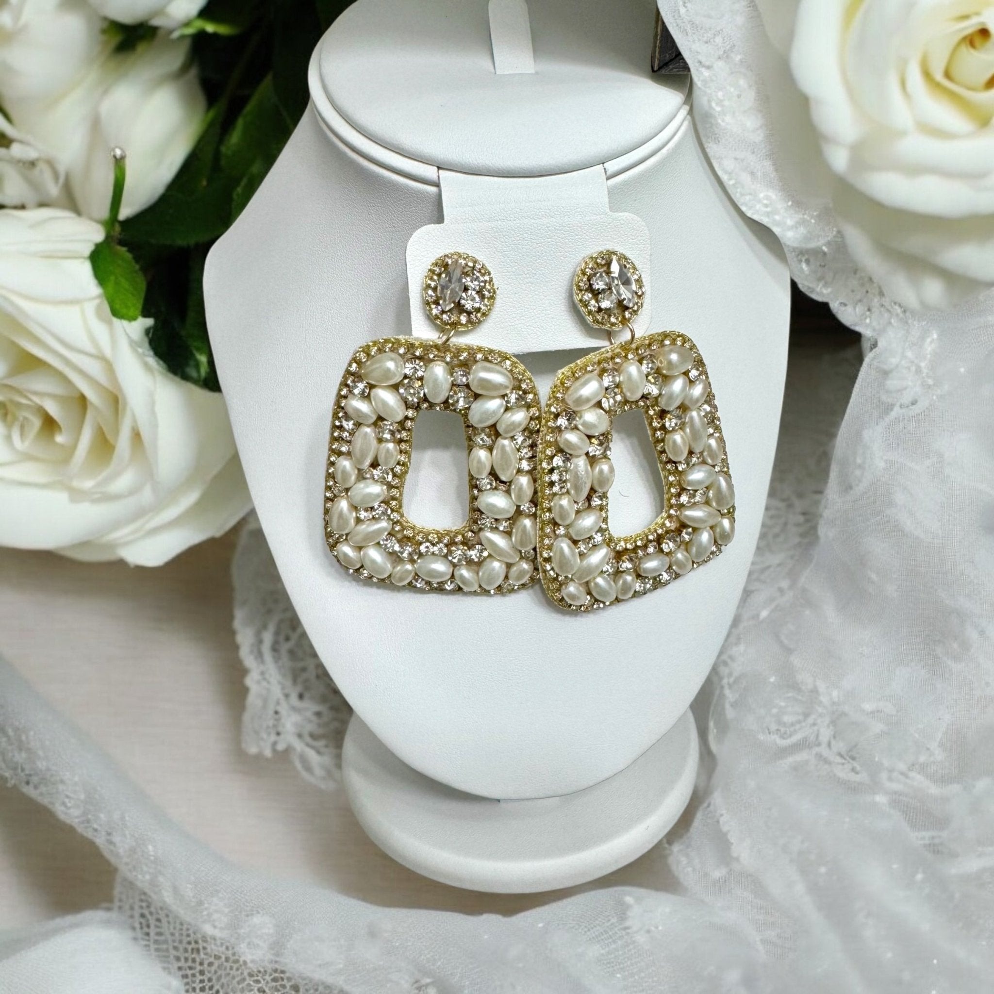 Pearl and Stone Rectangle Drop Earrings - Reed House of Jewels