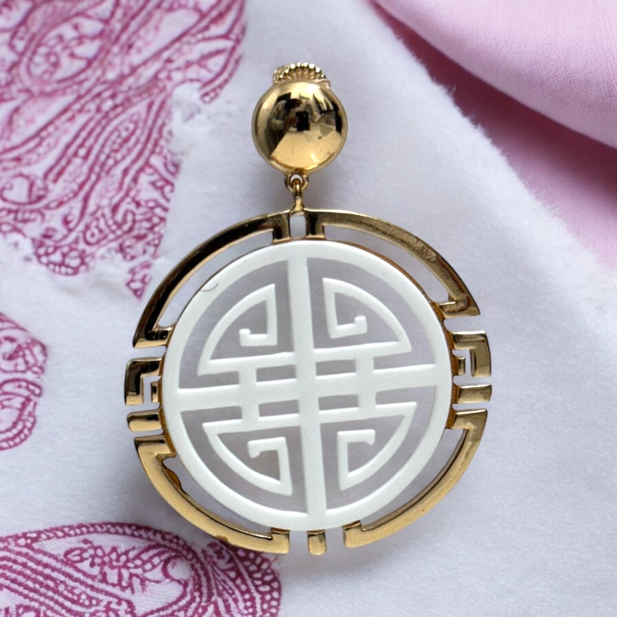 White Geometric Shou Pattern Drop Earrings - Reed House of Jewels