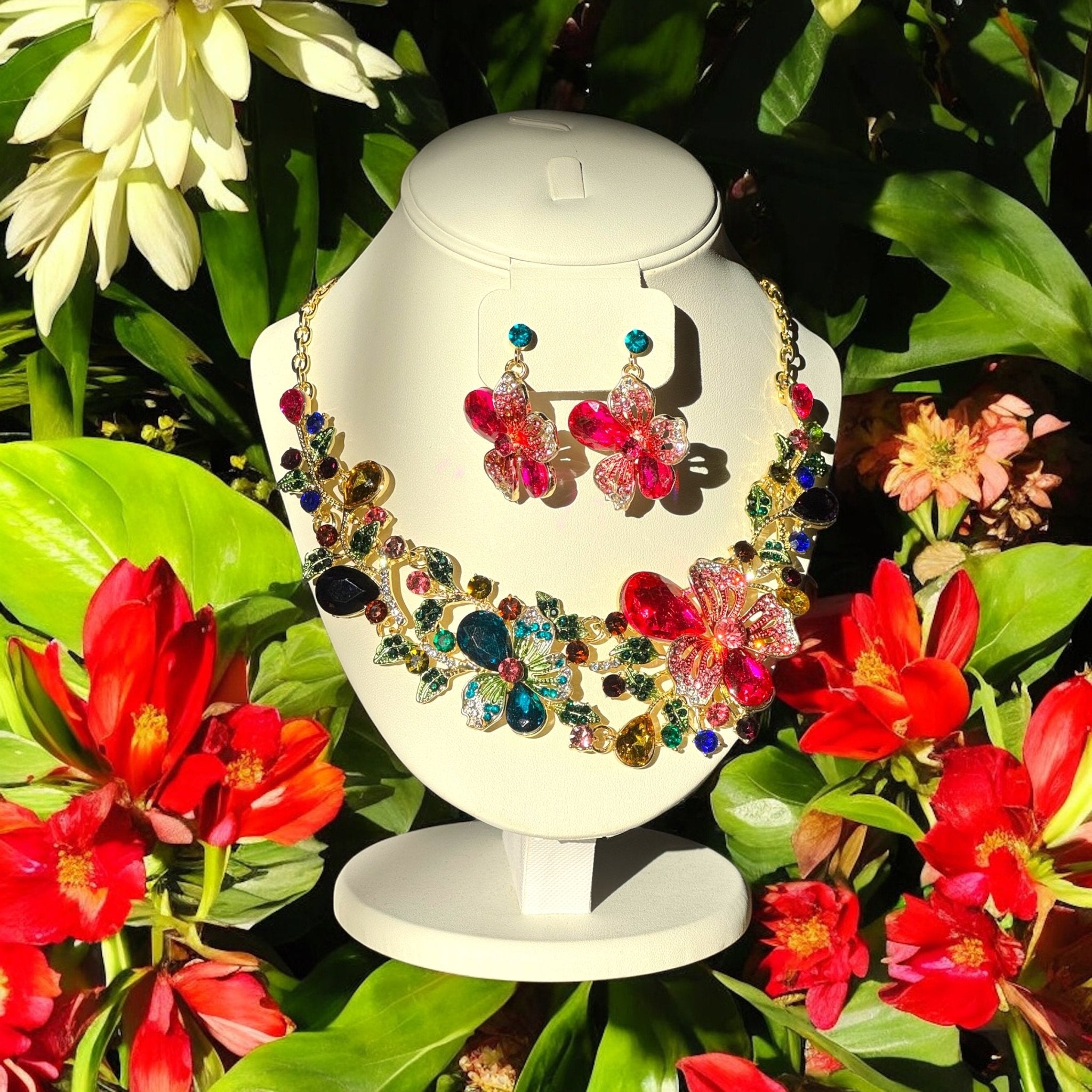 Multi - Color Crystal Necklace and Earring Set - Reed House of Jewels