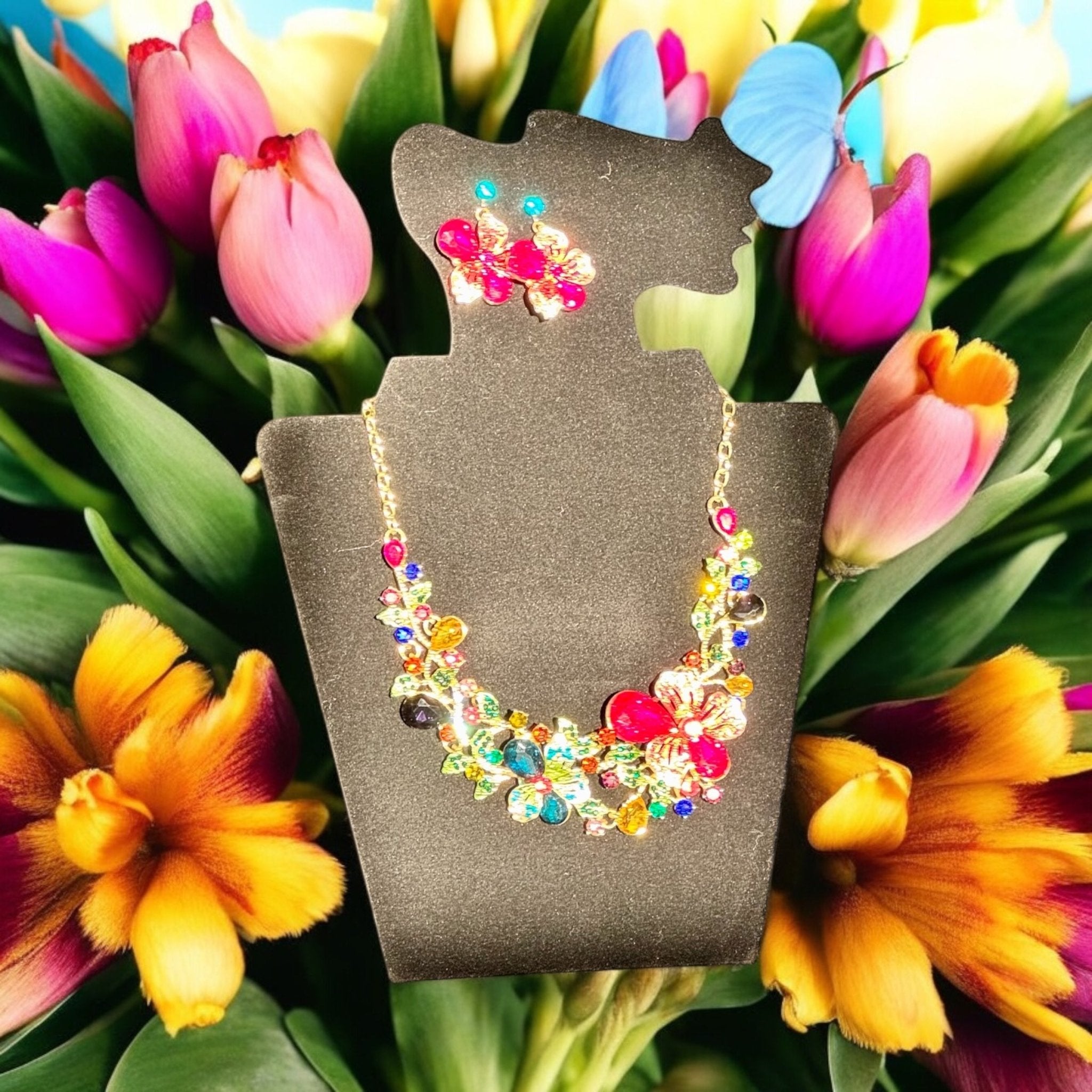 Multi - Color Crystal Necklace and Earring Set - Reed House of Jewels