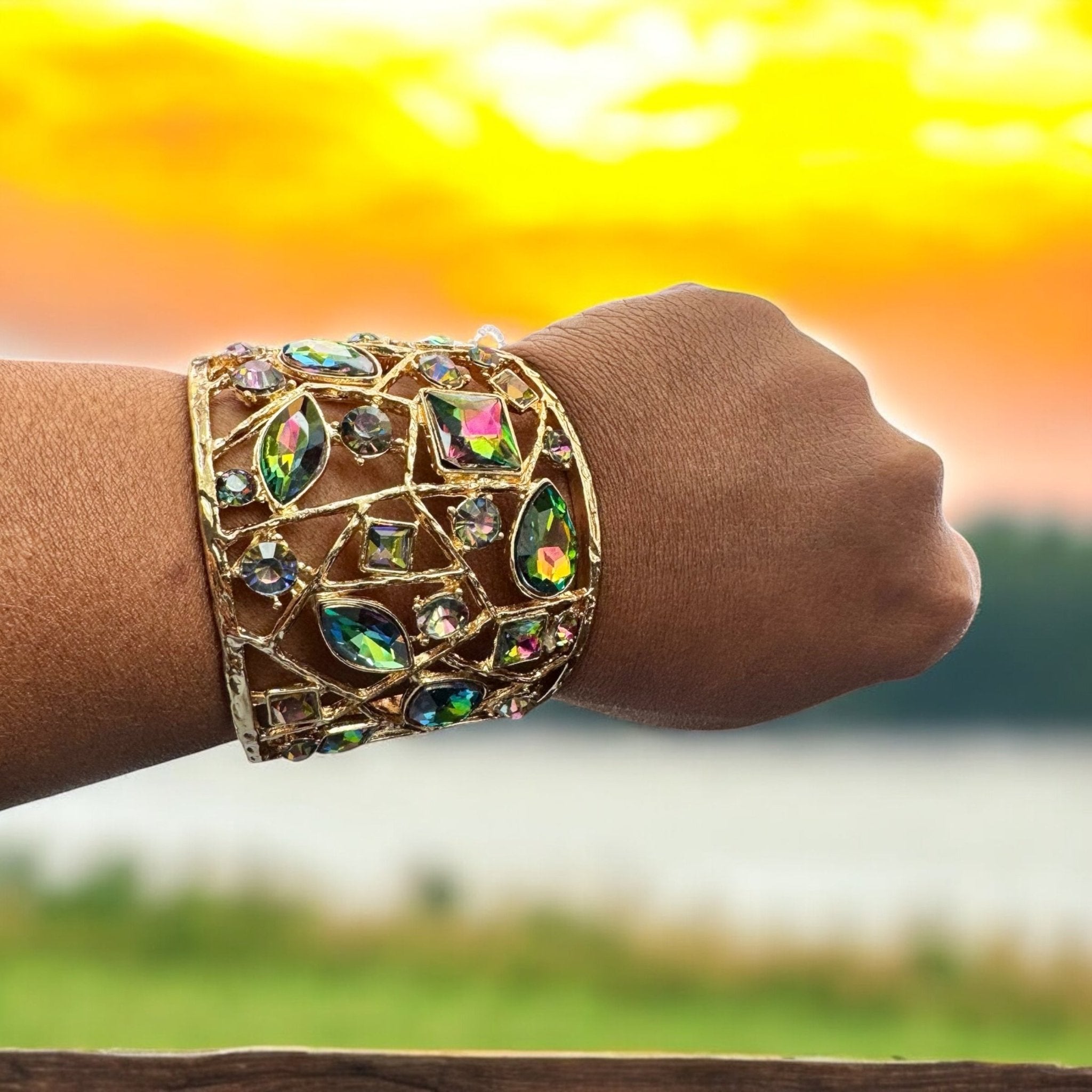 Chunky Multi - Colored Rhinestone Wide Cuff - Reed House of Jewels