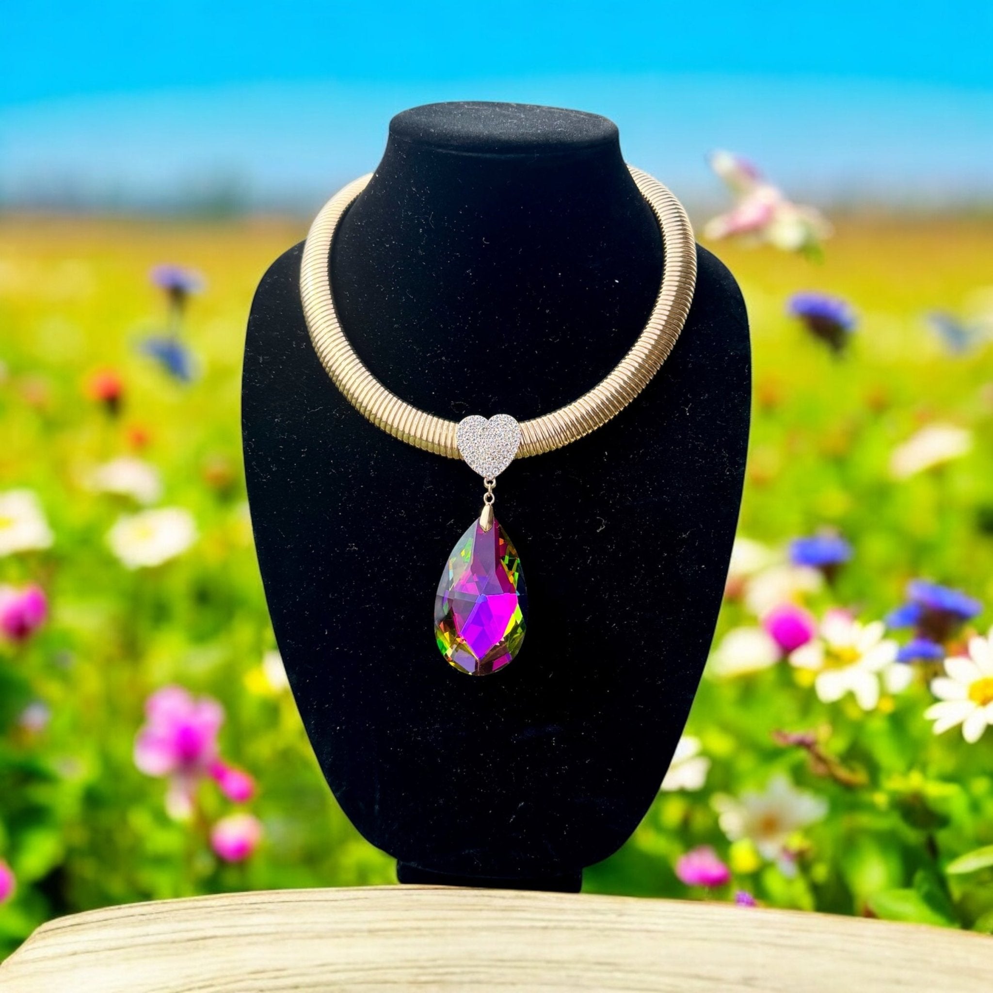 Omega Chain Pave Heart Pink Green Pendant Set - Reed House of Jewels