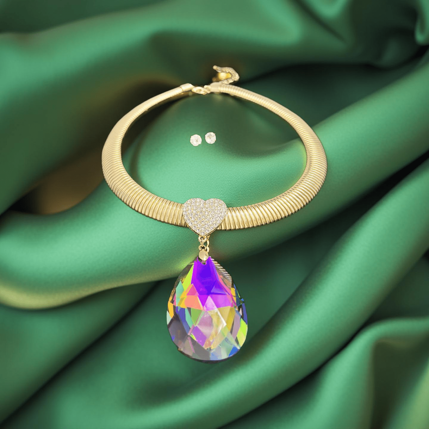 Omega Chain Pave Heart Pink Green Pendant Set - Reed House of Jewels