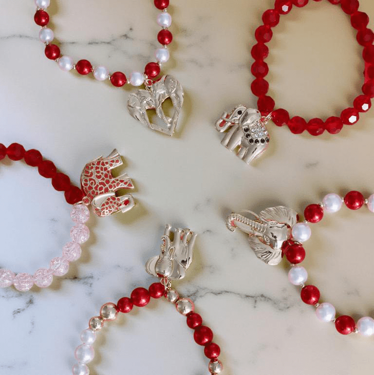 5 Pcs. Red, White, Pearl, Gold Elephant Charms Bracelet Stack - Reed House of Jewels