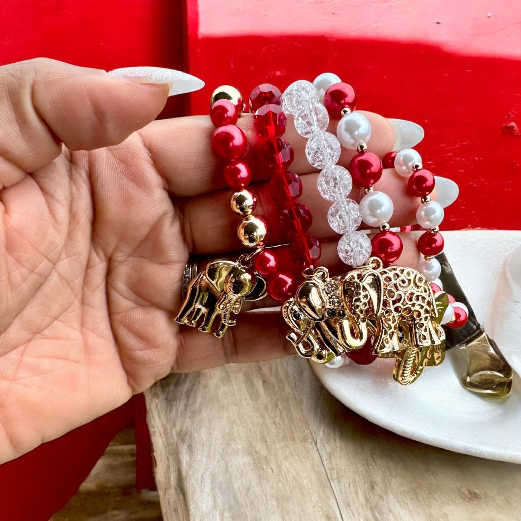 5 Pcs. Red, White, Pearl, Gold Elephant Charms Bracelet Stack - Reed House of Jewels