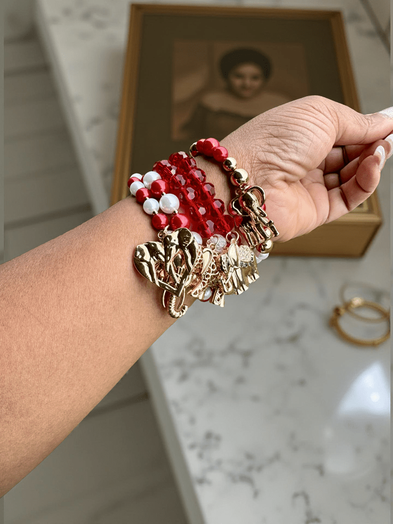 5 Pcs. Red, White, Pearl, Gold Elephant Charms Bracelet Stack - Reed House of Jewels