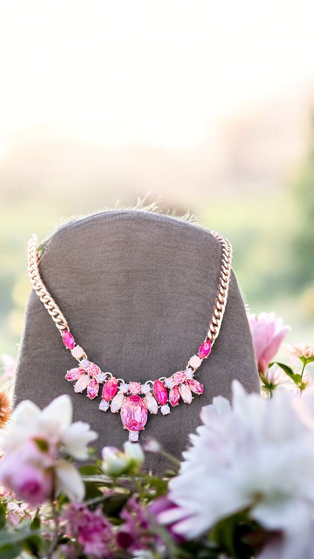 Fuchsia and Pink Crystal Gold Tone Necklace - Reed House of Jewels
