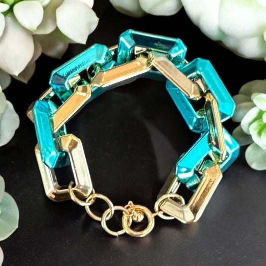 Two Toned Link Chain Bracelet - Teal - Reed House of Jewels