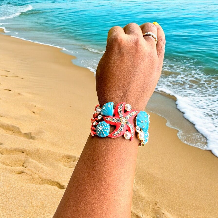 Beach Themed Crystal and Pearl Painted Cuff - Reed House of Jewels