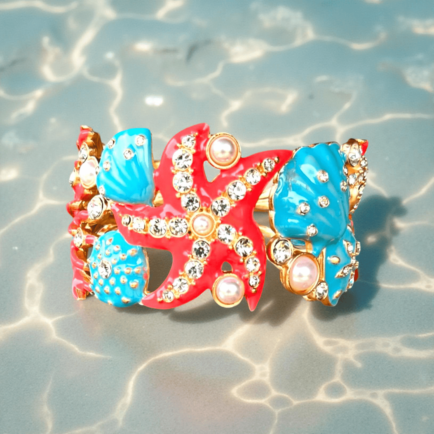 Beach Themed Crystal and Pearl Painted Cuff - Reed House of Jewels