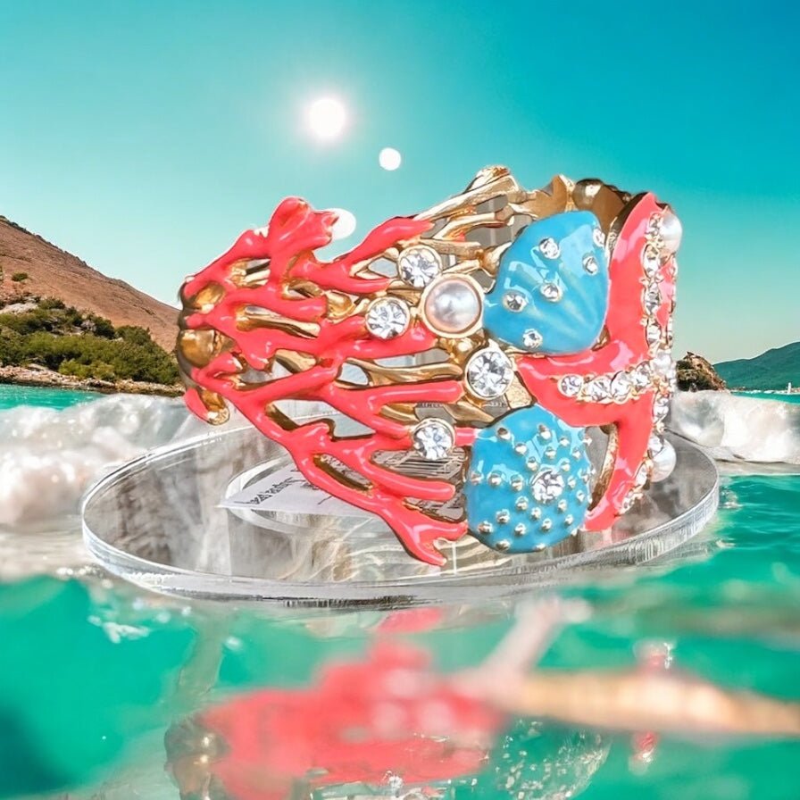 Beach Themed Crystal and Pearl Painted Cuff - Reed House of Jewels