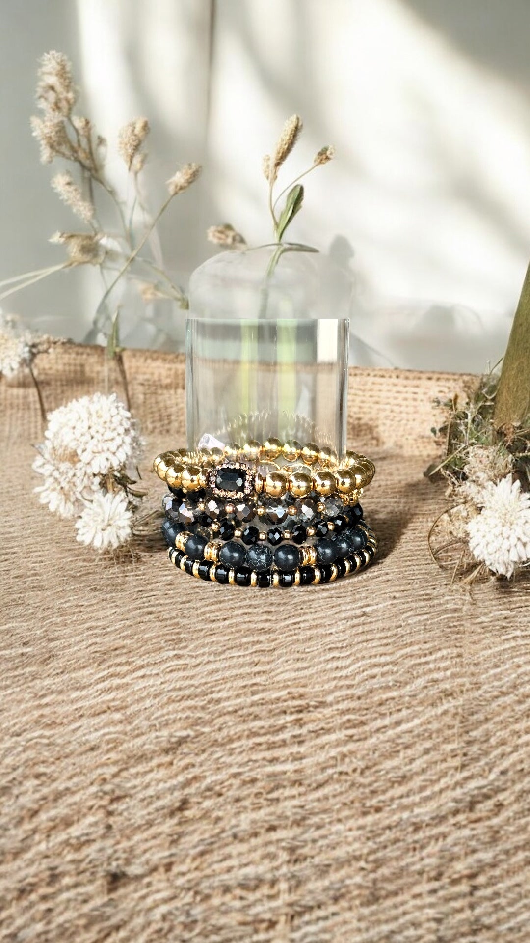 Oval Link Multi Bead Black and Gold Bracelet Stack - Reed House of Jewels