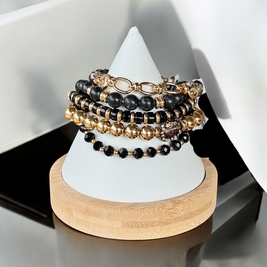 Oval Link Multi Bead Black and Gold Bracelet Stack - Reed House of Jewels