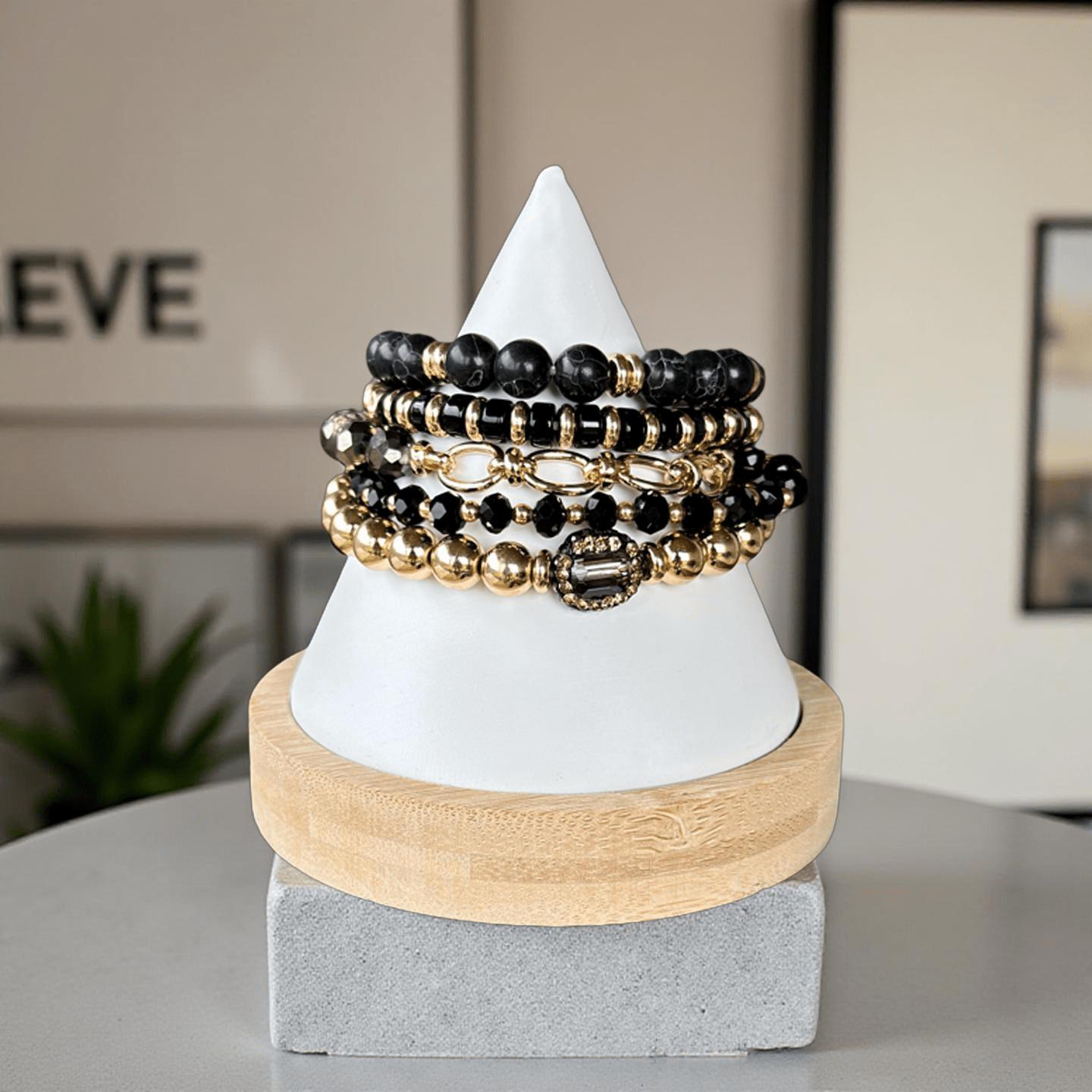 Oval Link Multi Bead Black and Gold Bracelet Stack - Reed House of Jewels