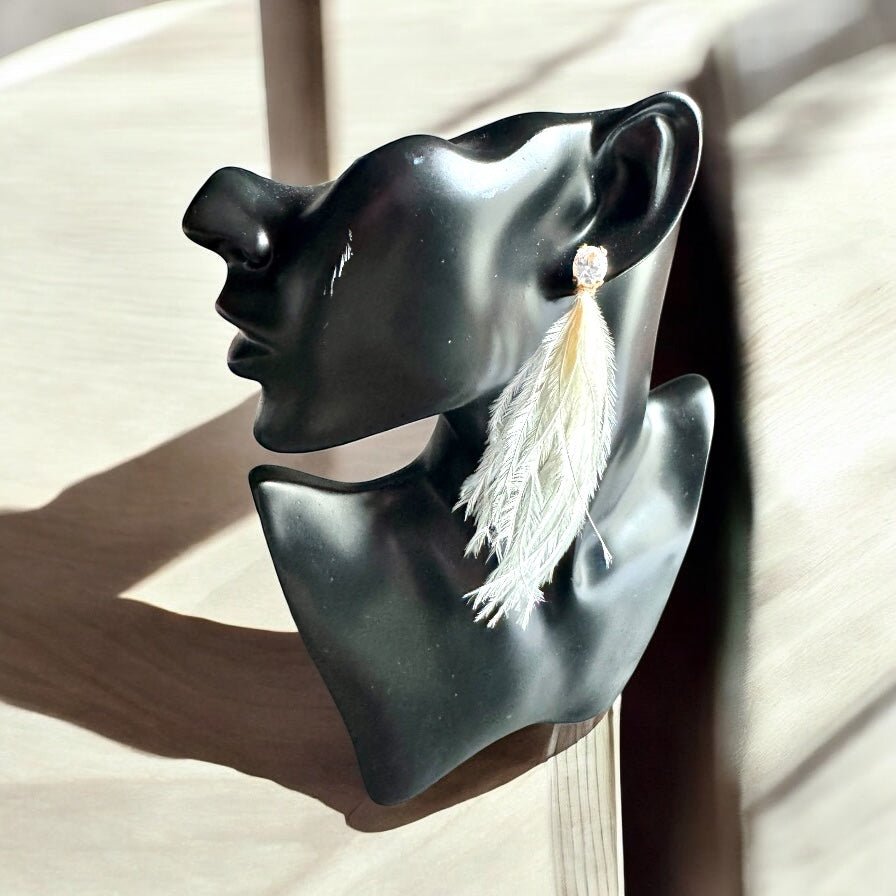 Creamy White and Crystal Ostrich Feather Earrings - Reed House of Jewels