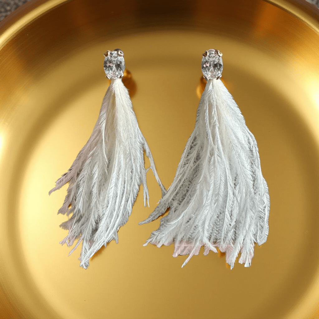 Creamy White and Crystal Ostrich Feather Earrings - Reed House of Jewels