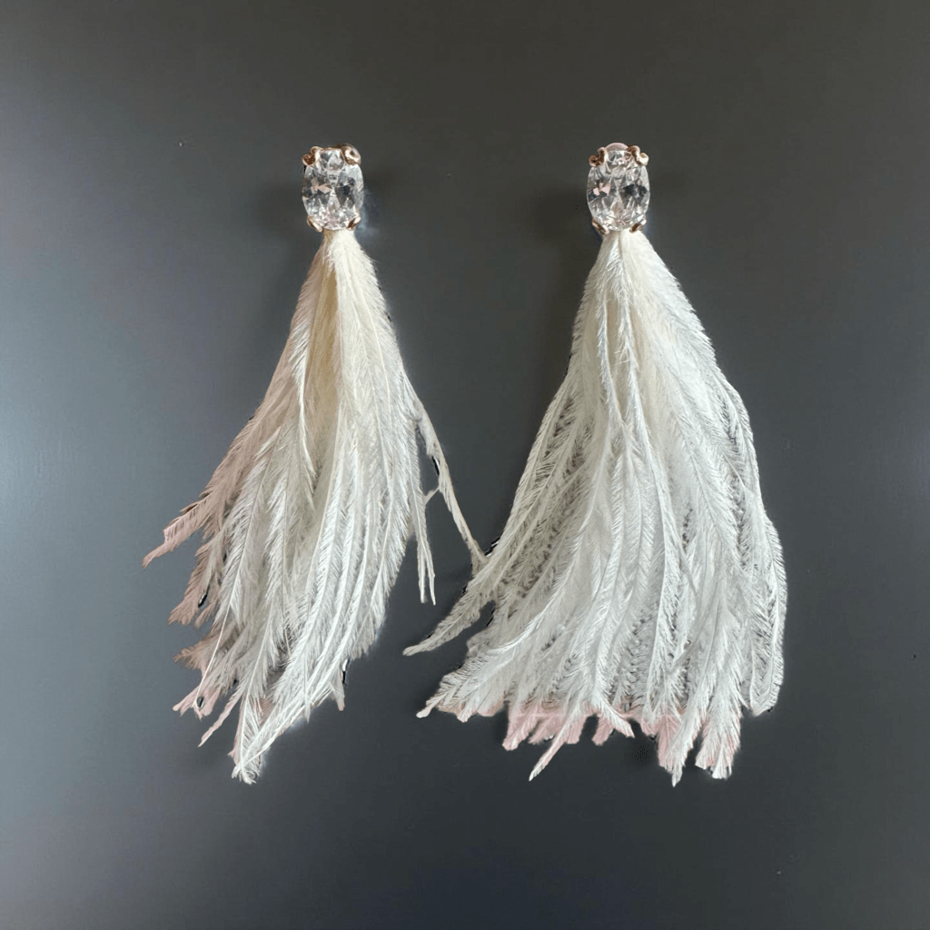 Creamy White and Crystal Ostrich Feather Earrings - Reed House of Jewels
