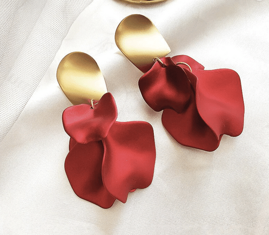 Gold Tone and Red Flower Earrings