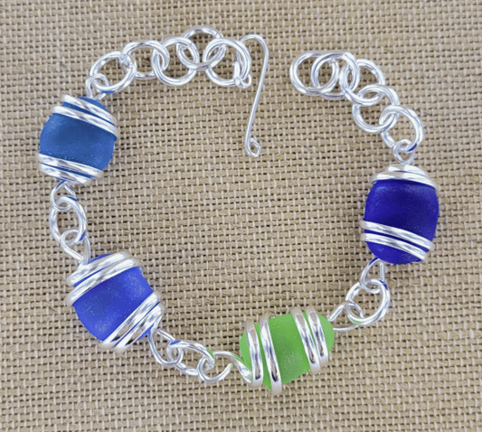 Cultured Sea Glass Linked Bracelet - Blue/Green Multi