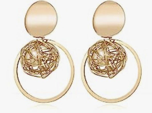 Gold Tone Faux Pearl Ball and Geometric Circle Drop Earrings - Reed House of Jewels