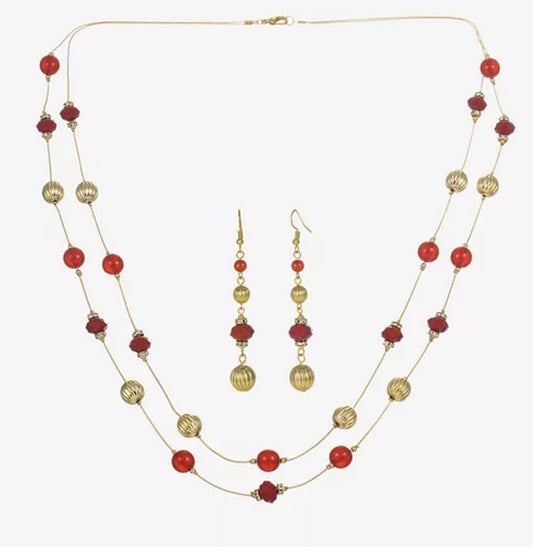 Red and Gold Beaded Necklace & Drop Earring Jewelry Set - Reed House of Jewels