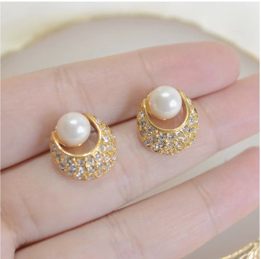 Gold, Pearl, and CZ Vintage Style Stud Earrings - Reed House of Jewels