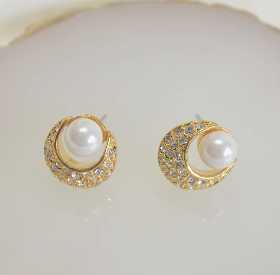 Gold, Pearl, and CZ Vintage Style Stud Earrings - Reed House of Jewels