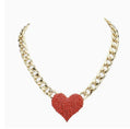 Red Heart Rhinestone Pave Chunky Metal Chain Necklace - Reed House of Jewels