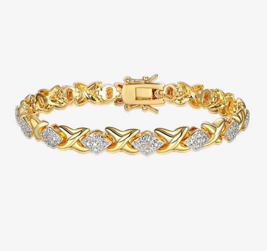 Fine Silver Plated Diamond Accented 14K Gold Over Brass X Design Tennis Bracelet - Reed House of Jewels