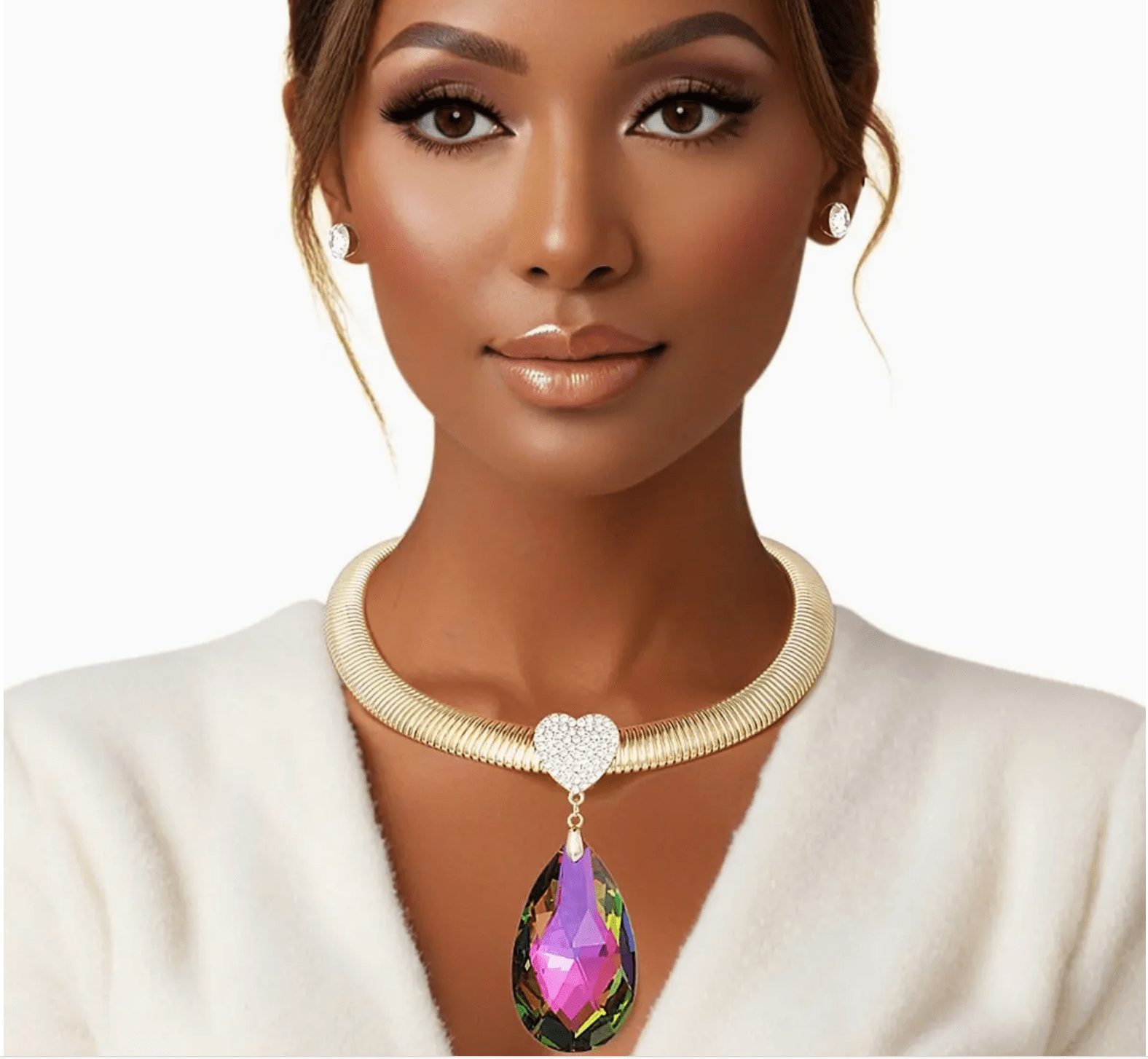 Omega Chain Pave Heart Pink Green Pendant Set - Reed House of Jewels