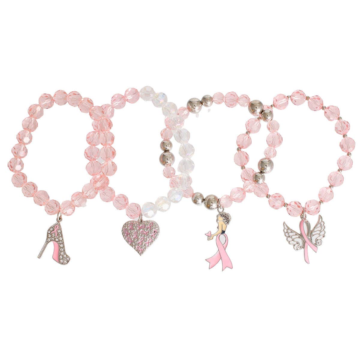 Light Pink Beaded 4 pcs Cancer Charm Bracelet Stack - Reed House of Jewels