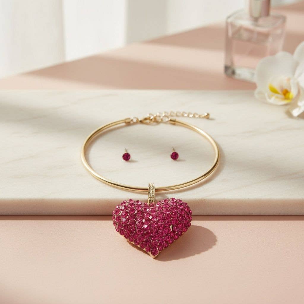 Fuchsia Stone Domed Oversized Heart Chunky Collar Necklace - Reed House of Jewels