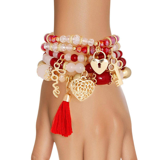 Red and White Glass 5 pcs Charm Bracelet Stack - Reed House of Jewels