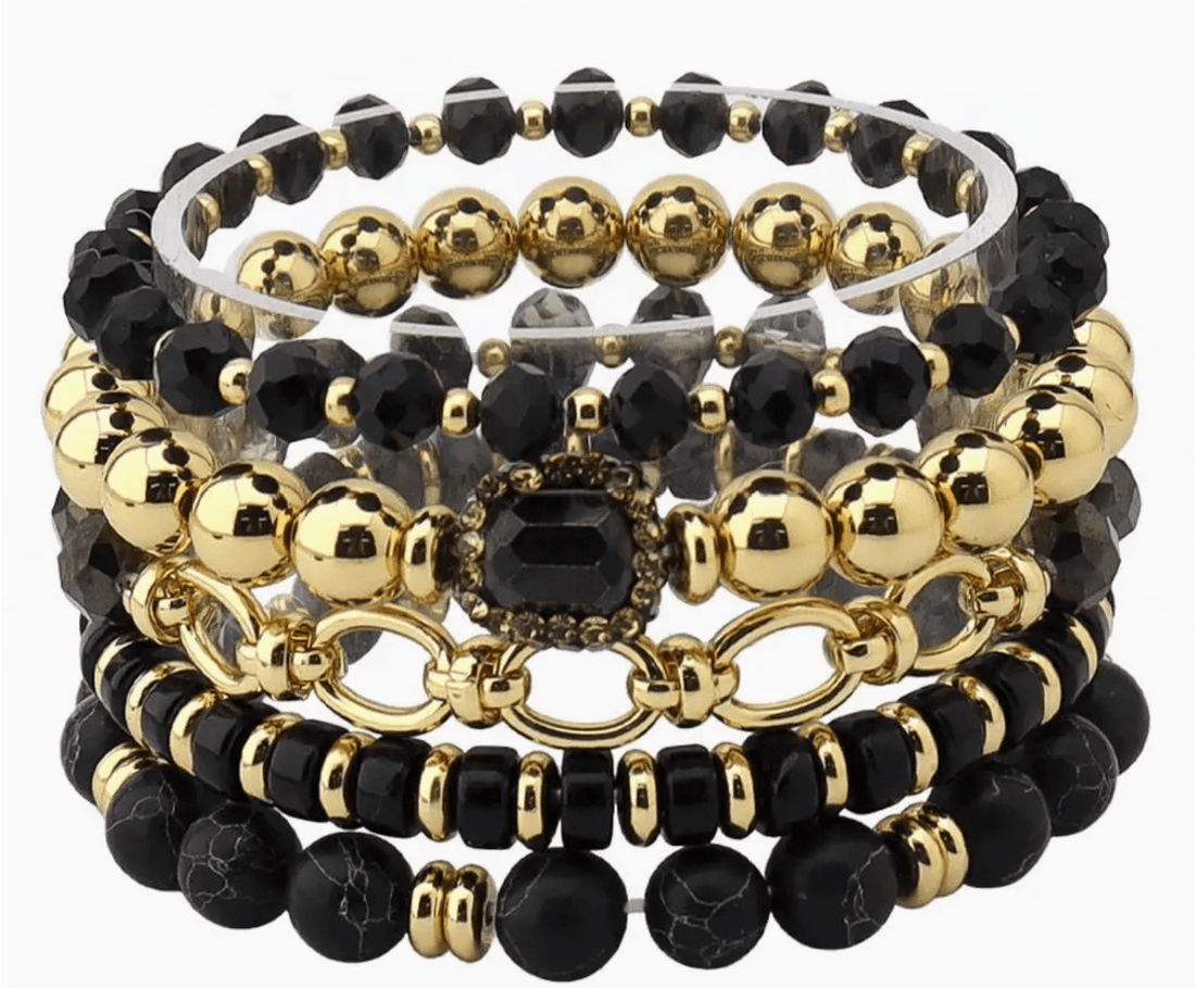 Oval Link Multi Bead Black and Gold Bracelet Stack - Reed House of Jewels
