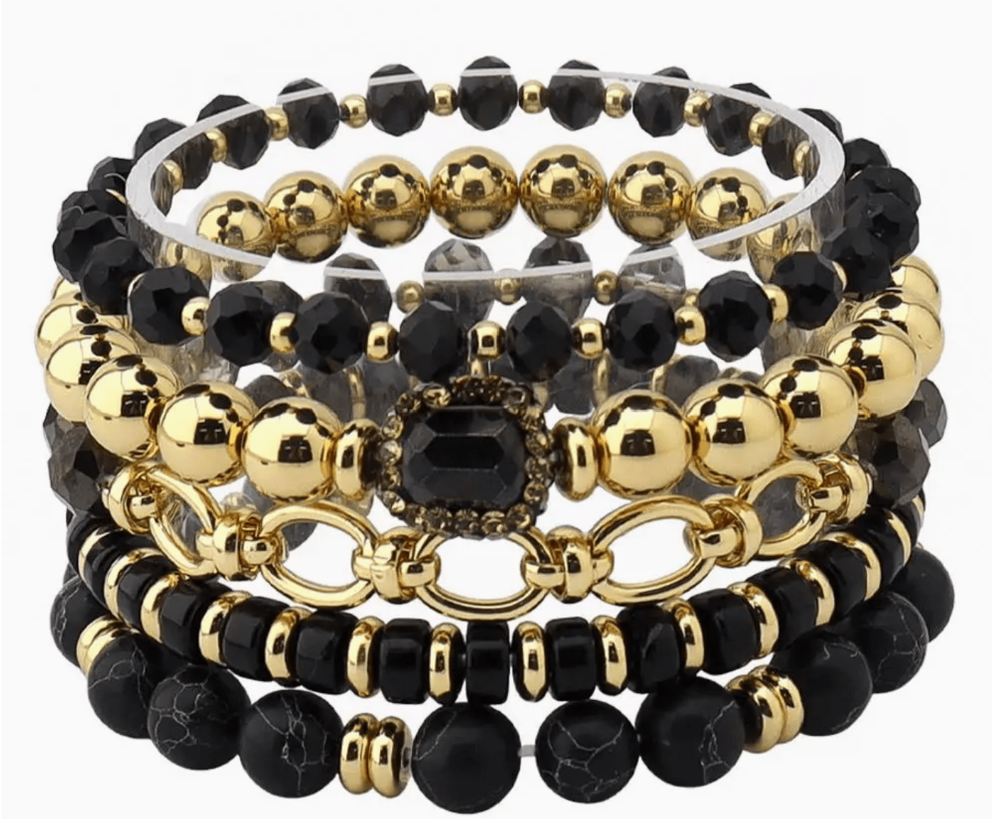 Oval Link Multi Bead Black and Gold Bracelet Stack - Reed House of Jewels