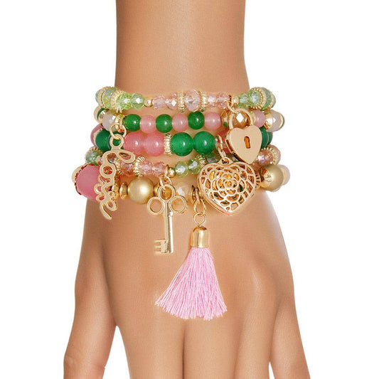 Pink and Green Glass Charm 7 pc Bracelet Stack - Reed House of Jewels