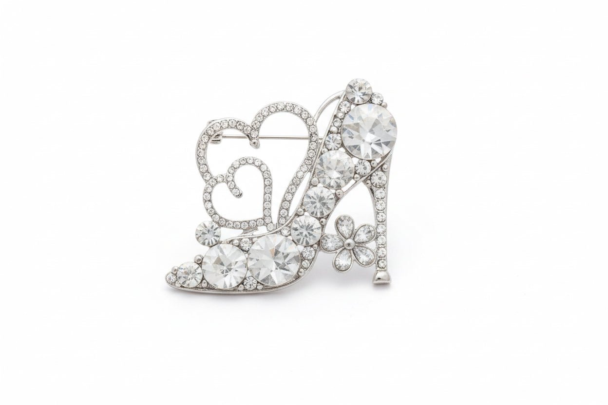 Glass Crystal High Heel and Heart Silver Brooch - Reed House of Jewels