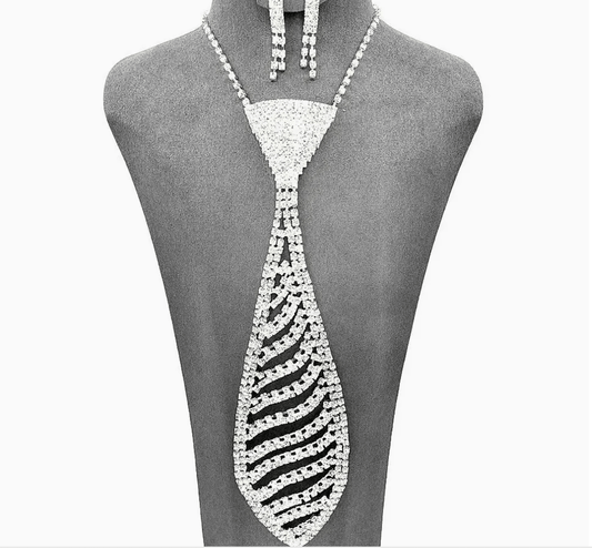 Neck Tie Wave Clear Rhinestone Necklace and Earring Set - Reed House of Jewels